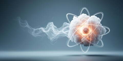 Wall Mural - quantum nuclear energy concept. 3d atom model with glowing particles and swirling smoke.
