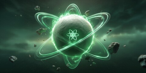 Wall Mural - quantum nuclear energy concept. futuristic atomic model with glowing effects in dark space.