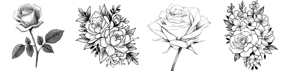 Modern illustration of a rose flower bouquet in black and white isolated graphic sketch