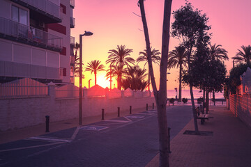 Wall Mural - A deserted street leading to the embankment in the early morning during sunrise. Avenida de Benidorm, Sant Joan d'Alacant, Alicante, Spain
