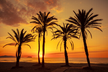 Wall Mural - Seascape in early morning during a beautiful golden sunrise. Palm trees on the beach. San Juan beach, Alicante, Spain, Europe