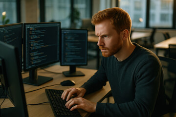 focused software developer working on code on multiple computer screens in office