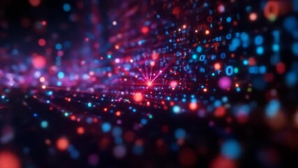 Futuristic digital data stream with binary code and glowing network connections