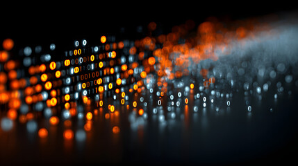 Long line of binary code is displayed in a blue and orange color scheme. Concept of technology and complexity, as the binary code represents the fundamental building blocks of digital information