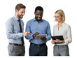 © Creative Design - Three diverse business professionals collaborating and discussing a project using a tablet and clipboard isolated on transparent background