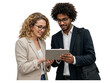 © Creative Design - Two business professionals a man and a woman collaborating and looking at a tablet computer together isolated on transparent background