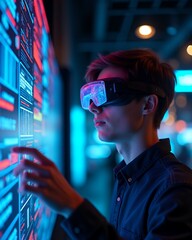Person using virtual reality headset at digital display