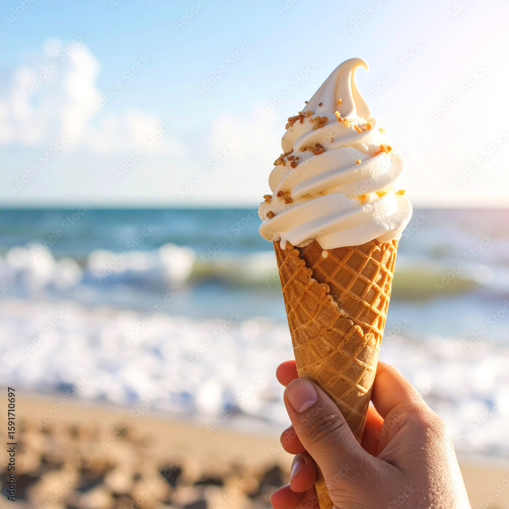 Enjoying a Sweet Treat Ice Cream Cone on the Beach with Ocean Waves and ...