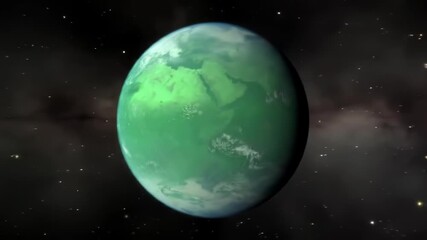Wall Mural - Vibrant green blue exoplanet glows in dark vast galaxy displaying cloudy atmosphere and distant stars