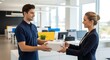 © Backbencher_2B - Delivery man handing package to businesswoman in a modern office environment with natural light.