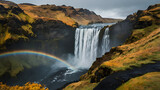 Dramatic landscape of the powerful Skógafoss waterfall cascading from a volcanic cliff in southern Iceland during autumn