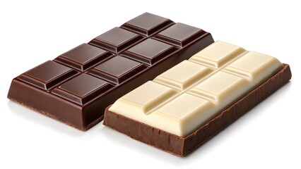 Two chocolate bars—dark and milk—isolated on clean white background, ready for product display and promotional use.