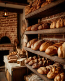 Świeżo wypieczone chleby ułożone na drewnianym regale w piekarni. W tle widoczny tradycyjny piec, który podkreśla rzemieślniczy charakter miejsca.
