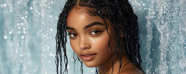 stunning portrait of a young woman with wet, dark hair, framed by cascading water. the image evokes 