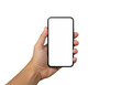 © Vooglo.com - A hand holding a modern smartphone with a blank white screen, isolated on a transparent background