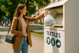 Woman donating textiles to recycling bin on a sunny day Woman donating textiles to recycling bin on a sunny day