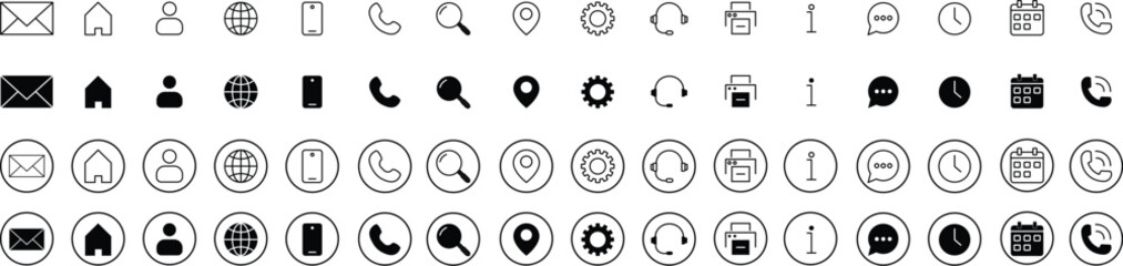 Contact icon set. Thin line and Solid icons vector collection. Web icon set. Phone, name, website, address, location and mail,  fax, info, logo symbol sign pack. Business icon for company.
