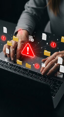 Wall Mural - hands typing on laptop, surrounded by digital icons showing files and warning signs, representing da