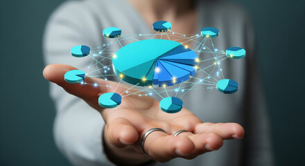 Wall Mural - hand presenting interconnected teal pie charts, symbolizing data analysis, network, connection, and 