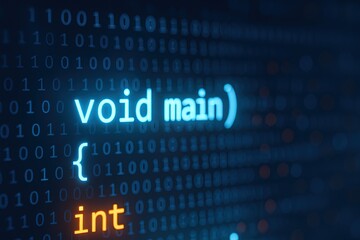 digital coding concept showing void main function with binary code background.