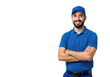 © stock.metket.com - A smiling delivery man in a blue uniform with his arms crossed, isolated on a transparent background