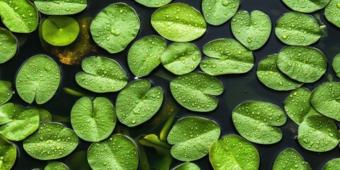 Wall Mural - Top view of green lily pads with water droplets on a serene pond surface.