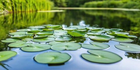 Wall Mural - Tranquil pond scene featuring lush green lily pads floating on calm water.