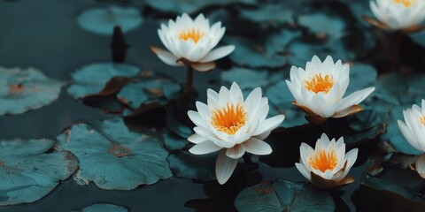 Wall Mural - Serene close-up of white water lilies blooming on a tranquil pond surface.