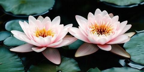 Wall Mural - Beautiful close-up of pink water lilies floating on a serene pond surface.