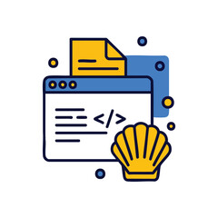 Web Development Shell Concept. Depicts a browser interface, coding symbols, and a seashell. Illustrates programming, command line interaction, and digital innovation.