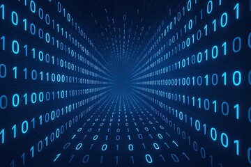 futuristic digital data stream tunnel with glowing binary code in vibrant blue tones.