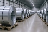 Industrial warehouse with large aluminum coils stacked on wooden pallets in a manufacturing facility.