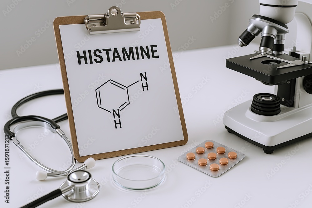 Laboratory scene with histamine molecule diagram microscope petri dish ...