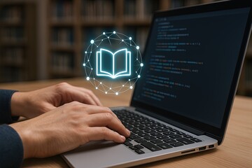 Programmer coding on laptop with glowing digital book icon and coding interface.