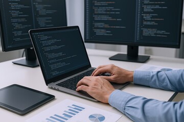 person coding programming software on laptop multiple monitors office environment.