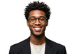 © stock.metket.com - A young african american man with glasses and curly hair smiles confidently in a black blazer, isolated on white isolated on transparent background