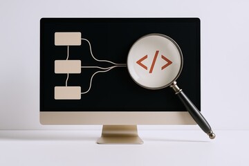 modern computer monitor displaying software development flowchart diagram with magnifying glass.