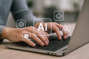 modern ai technology concept with human hand working on laptop typewriter style.