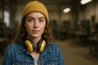© Generative AI - Portrait of a confident young woman wearing a yellow beanie and headphones indoors.