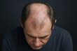 © Generative AI - Close-up of a balding middle-aged man with receding hairline and worried expression.