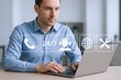 © Generative AI - Businessman Using Laptop with Virtual Customer Support and Communication Icons.