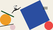 © master1305 - Collage of joyful woman jumping over oversized geometric shapes holding office files. Concept of energy in business, career ambition, startup spirit, fintech onboarding, creative momentum.