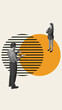 © master1305 - Collage of man and woman in communication conflict across overlapping visual circles. Concept of workplace misalignment, team friction, feedback, misunderstanding, business dynamics.