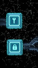 Wall Mural - animation of key, padlock icons, data processing over circuit board on black background
