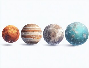 Wall Mural - Four planets, stylized, in a row, set against a white background.  Each planet has a unique color palette, textures, and highlights