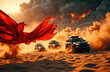 © starush - A convoy of black SUVs drives across a desert landscape with billowing smoke and fiery clouds in the background