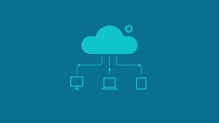 Wall Mural - cloud server sending data to multiple digital devices, uploading data to cloud storage from desktop,