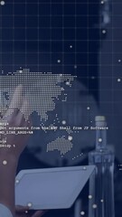 Wall Mural - analyzing data on tablet, woman viewing animation with digital world map overlay
