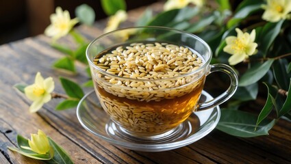 Wall Mural - Genmaicha tea with toasted rice floating in a glass teacup, nestled among green foliage and soft yellow blossoms on a wooden table.