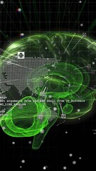 Wall Mural - green digital brain with data and network connections over world map animation